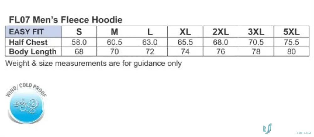 Men’s fleece hoodie size chart for MOQ500 printed ADULT hoodie, great for uniforms and workwear