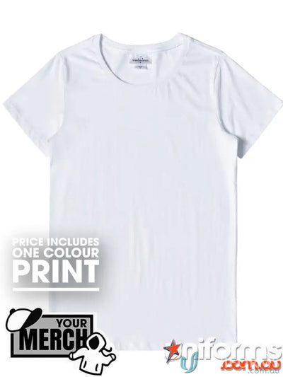 White crew neck T-shirt from MOQ500 Printed LADIES Tee, perfect for work uniforms