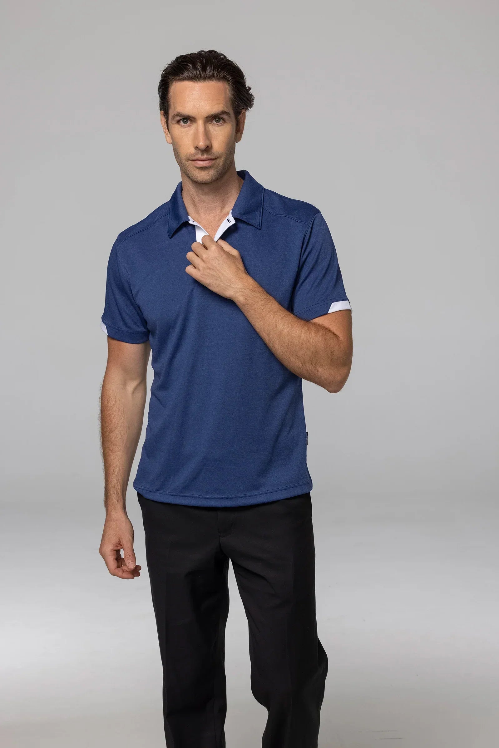 Morris mens polo shirt blue with white collar trim for uniforms