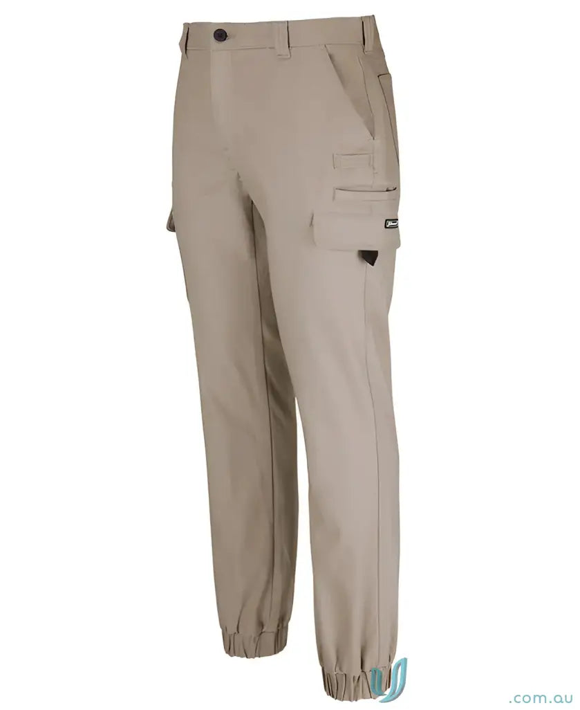 Multi Pocket Stretch Canvas Jogger showing khaki cargo pants with elastic cuffs for workwear