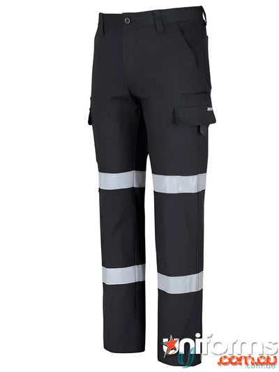 Black stretch canvas work pants with reflective tape and two pockets for durability