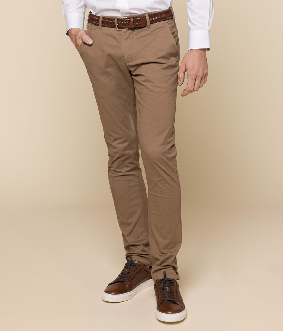 Napier mens chino pant with slim khaki fit, brown chain belt loop