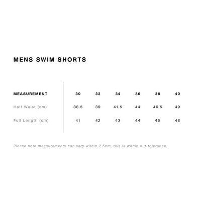 Navy portsea swim shorts size chart showing half waist and full length measurements for sizes 30 to 40 work uniforms