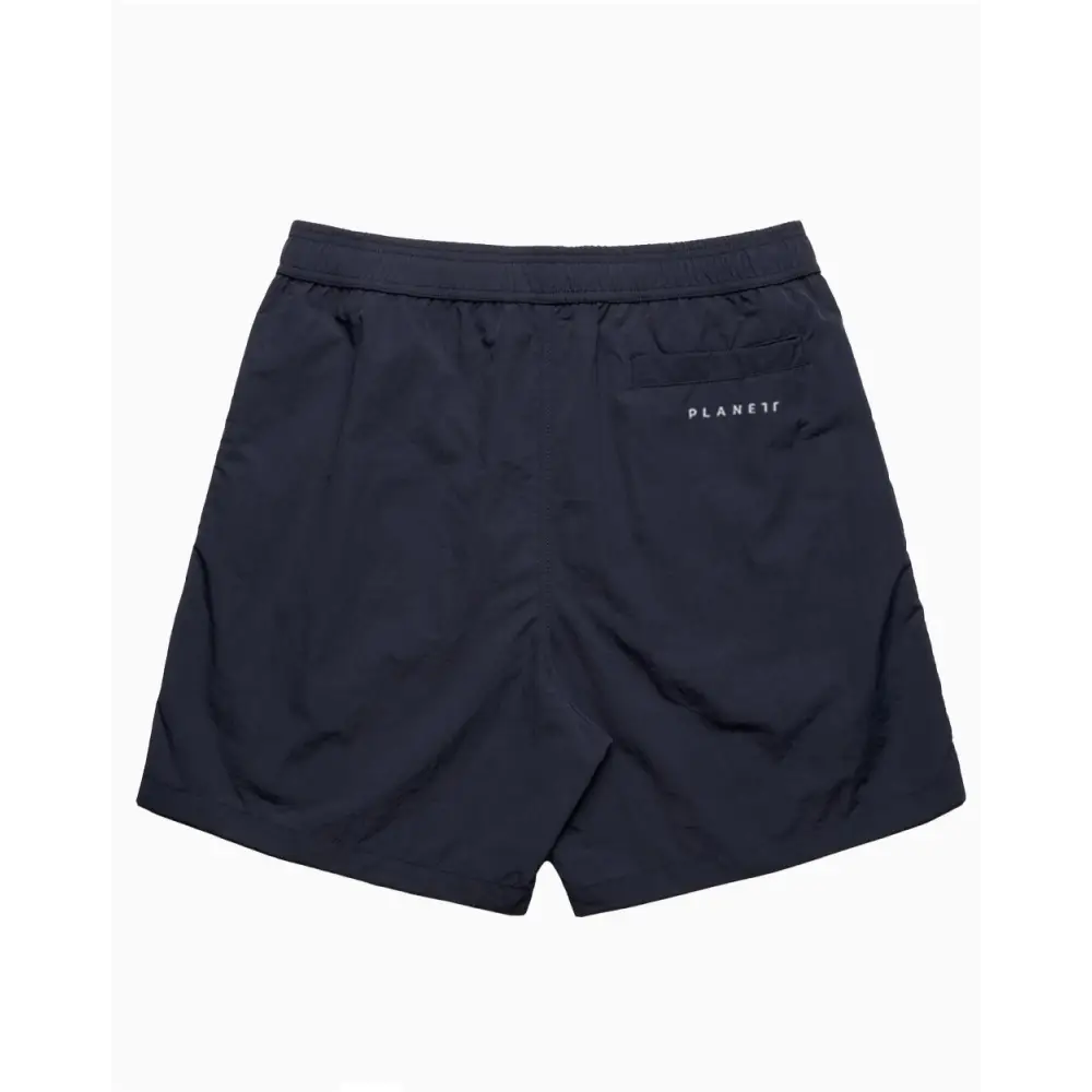 Back side of navy portsea swim shorts with dark navy blue color and subtle planet logo ideal for uniforms and workwear