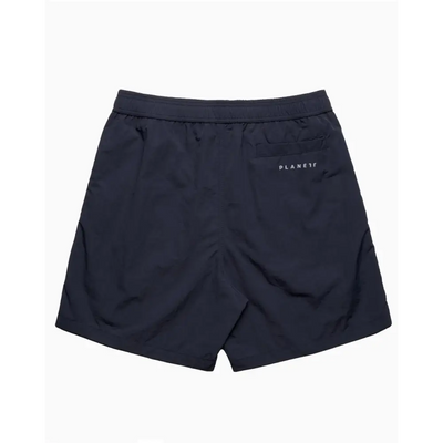 Back side of navy portsea swim shorts with dark navy blue color and subtle planet logo ideal for uniforms and workwear