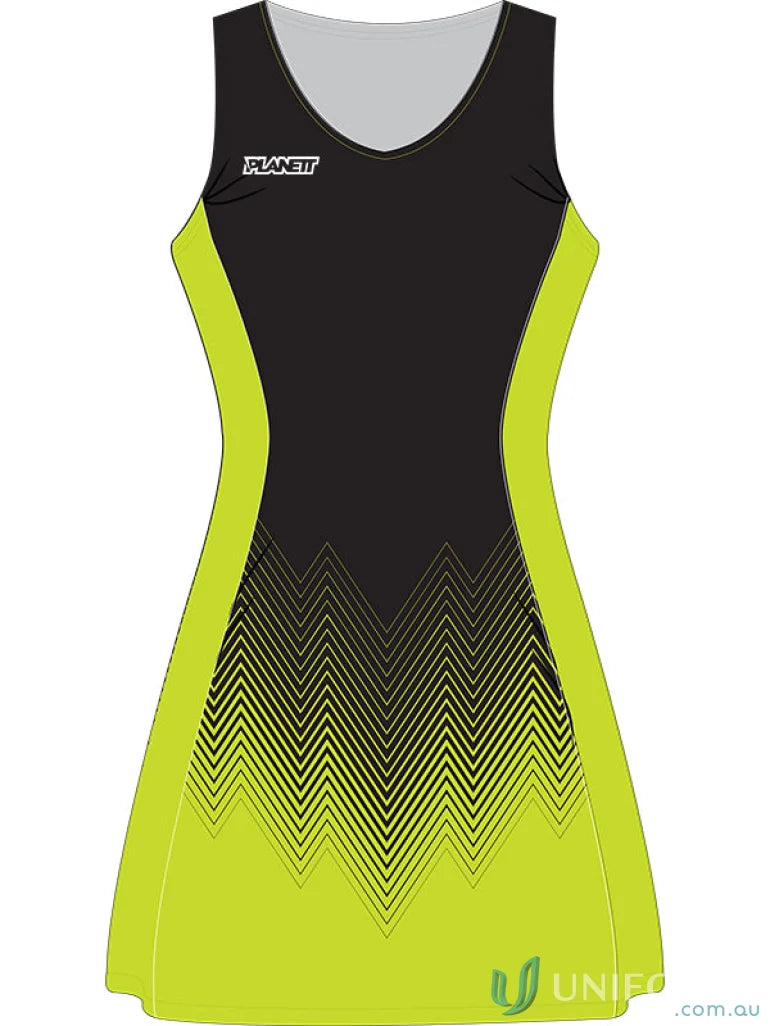 Sleeveless black and lime green custom made sublimated netball dress in sports fabric