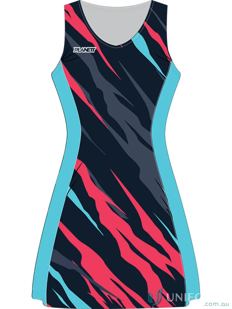 Sleeveless athletic dress with abstract pattern made from custom made sublimated sports fabric