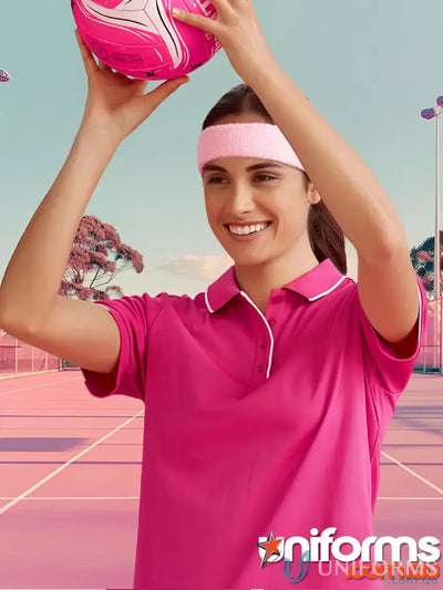 NBCF Ladies Pink Polo shirt with white trim, perfect for bizcare women’s pink style