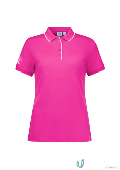 Pink polo shirt with white trim from NBCF Ladies Pink, perfect for bizcare women’s pink style