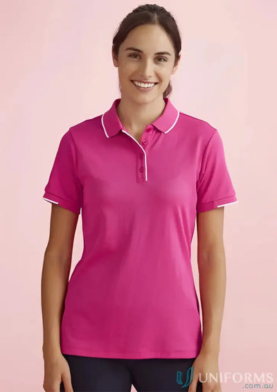 NBCF Ladies Pink Polo shirt for women, pink short sleeve top with white trim