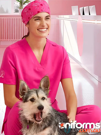 NBCF Pink Printed Scrub Cap with matching pink cap for biz unisex pink style