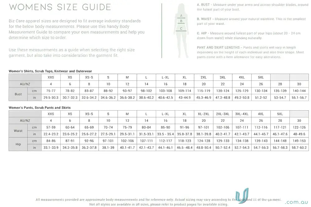 Women’s size guide chart for NBCF Womens Pink V-Neck Scrub Pant and pink jogger scrub