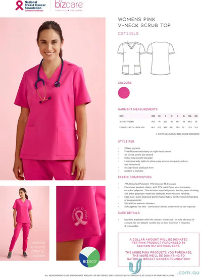 NBCF Womens Pink V-Neck Scrub Top showing bizcare women’s pink work confidently style