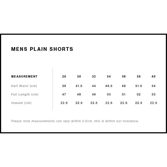 Men’s nemesis ramp shorts size chart showing half waist inseam and full length for work uniforms sizes 28 to 40