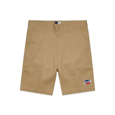 Beige chino nemesis ramp shorts with small embroidered planett logo perfect for workwear and uniforms