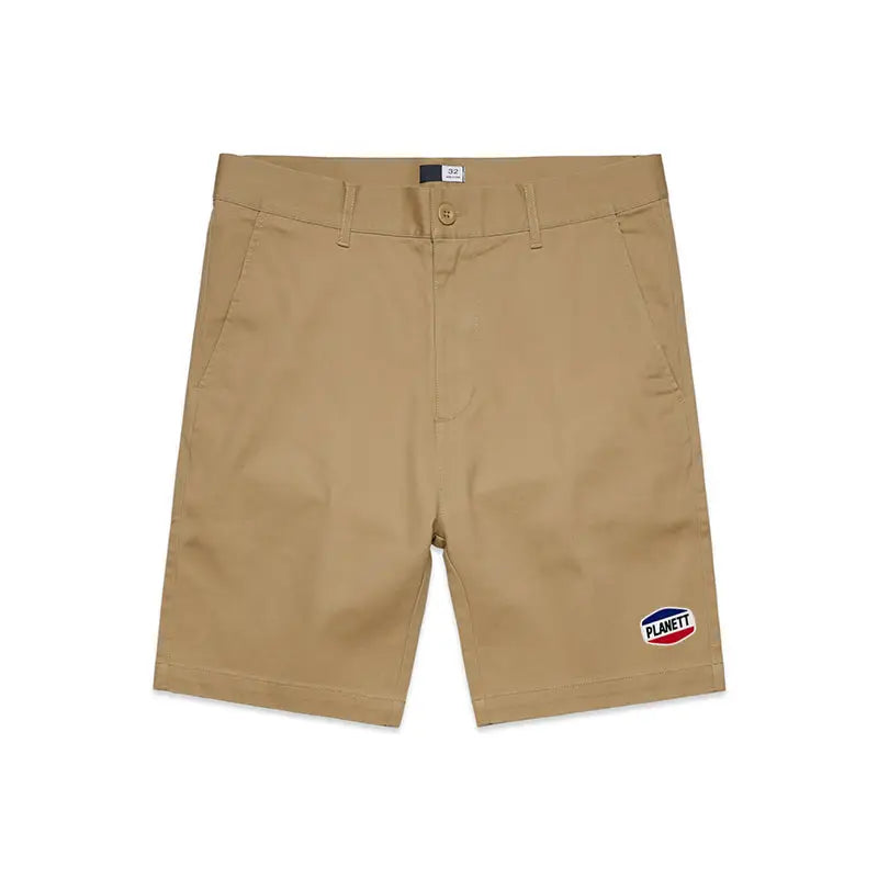 Beige chino nemesis ramp shorts with small embroidered planett logo perfect for workwear and uniforms