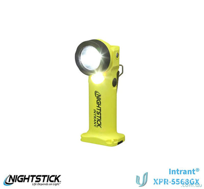 Yellow right-angle flashlight showing flood runtime and survival mode in the Nightstick Zone
