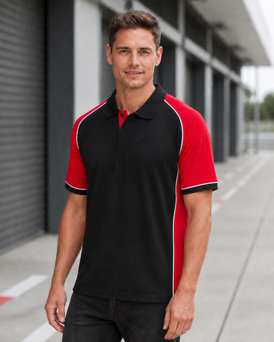 Male model wearing black and red Nitro Polo