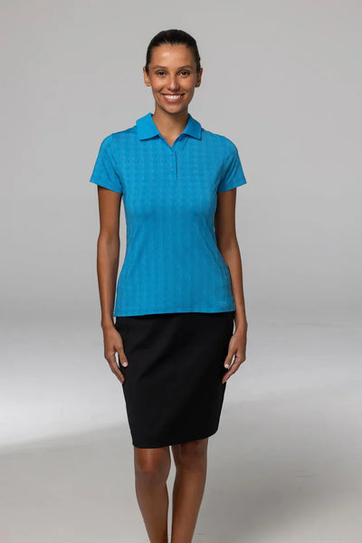 Vibrant turquoise Noosa Lady Polo with recycled planet fabric texture