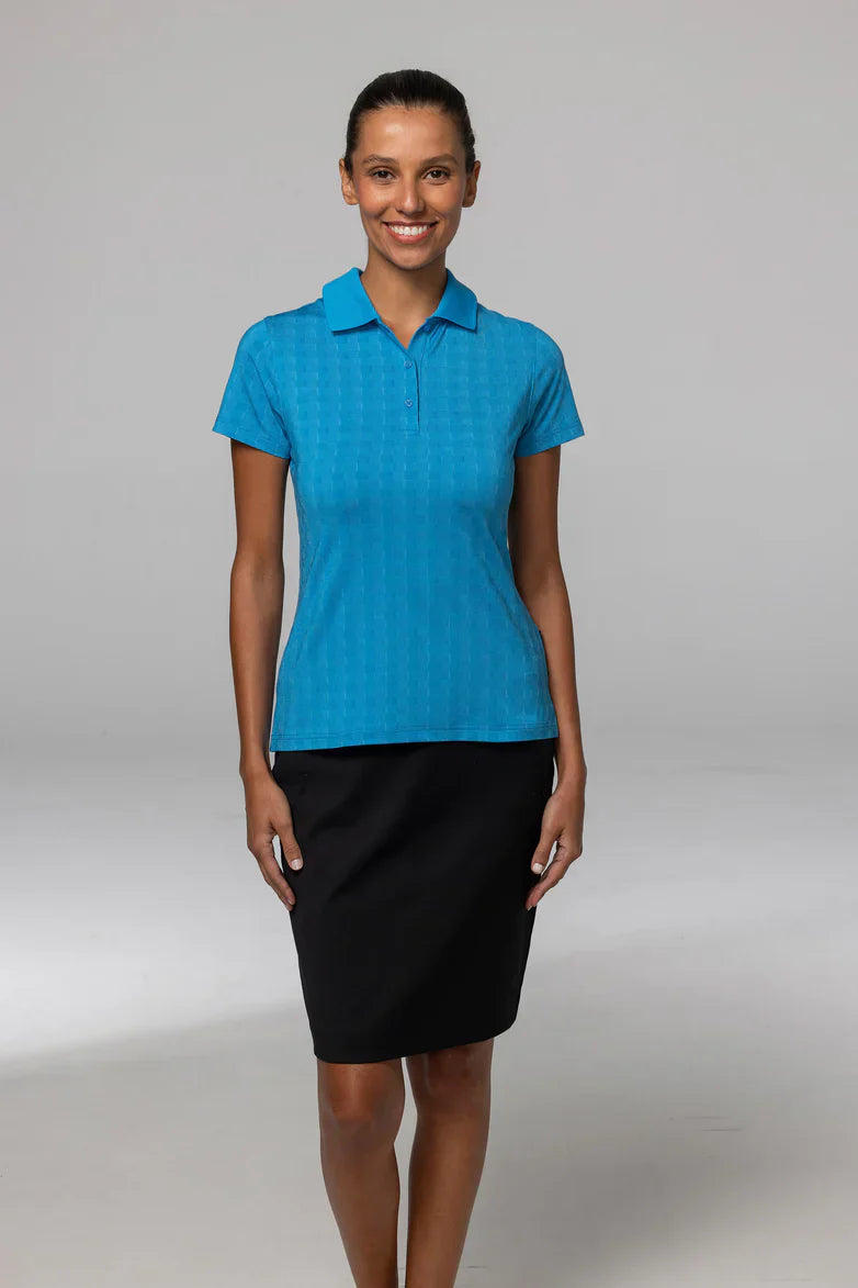 Vibrant turquoise Noosa Lady Polo with recycled planet fabric texture