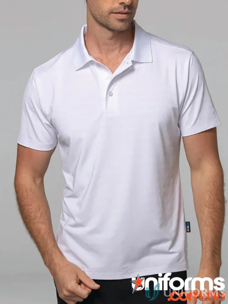 White short-sleeved polo shirt from Noosa Mens Polo with noosa vibes and recycled fabric shirts