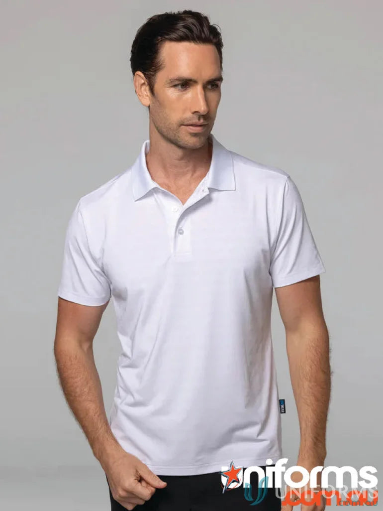 White short-sleeved polo shirt from Noosa Mens Polo with noosa vibes and recycled fabric style