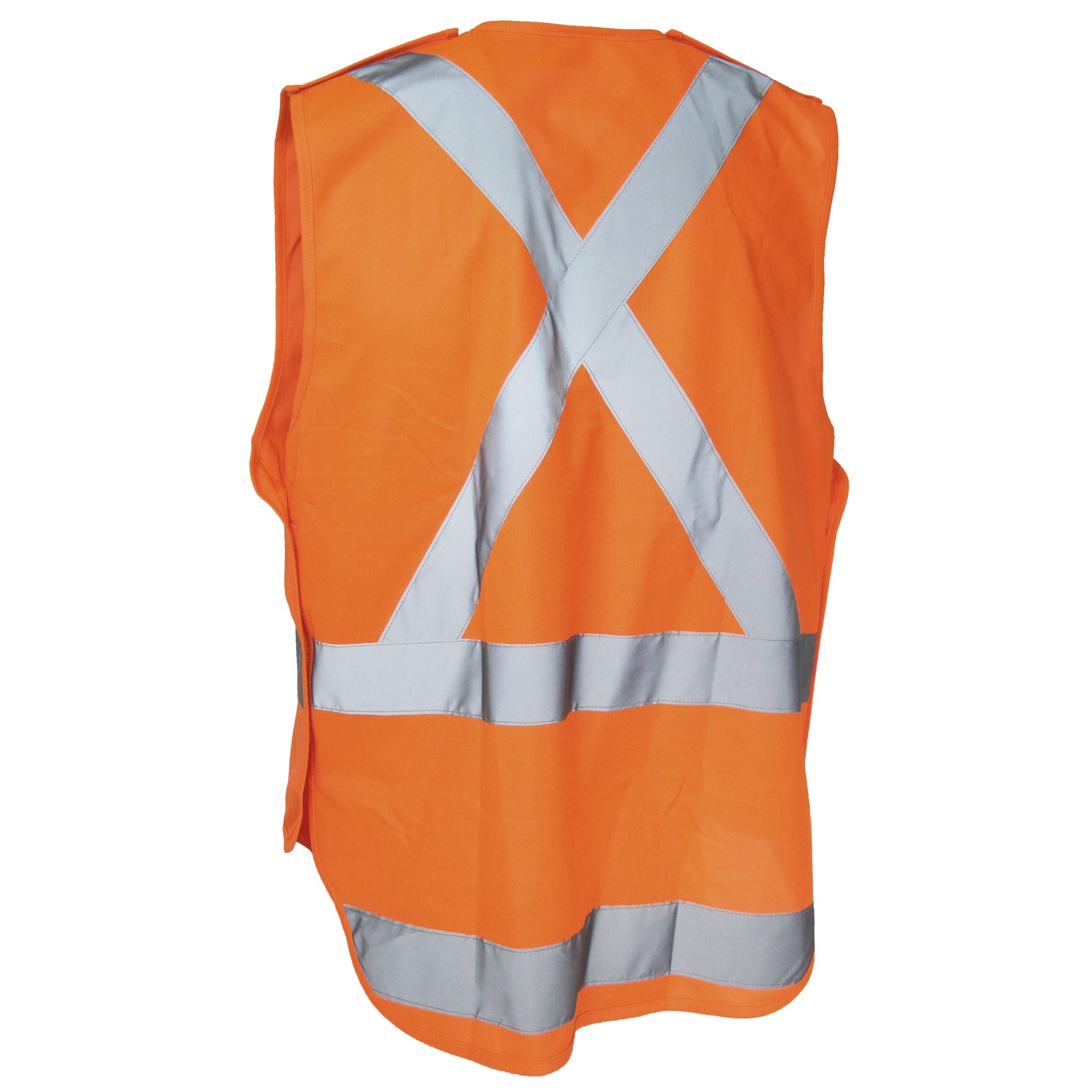 Back of NSW Rail Detachable Vest in bright orange hivis polyester fabric with chest ID loop