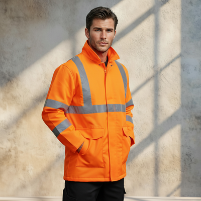 NSW Rail hi vis reflective jacket with bright orange bio-motion x-pattern