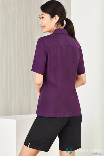 Purple short-sleeved collared oasis plain overblouse made with biz comfortcool fabric