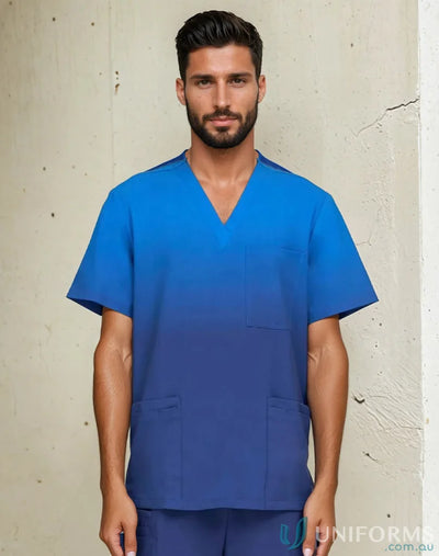 Twilight inclusive ombre blue gradient v-neck scrub top with pockets
