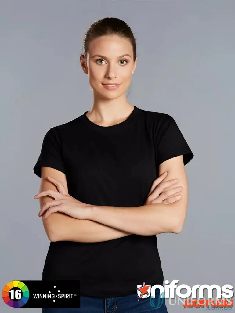 Black crew neck T-shirt made of combed cotton, perfect for uniforms or workwear
