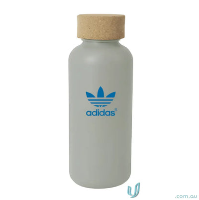 Gray Adidas water bottle with natural cork top, organic 650ml sugar cane eco friendly vibe