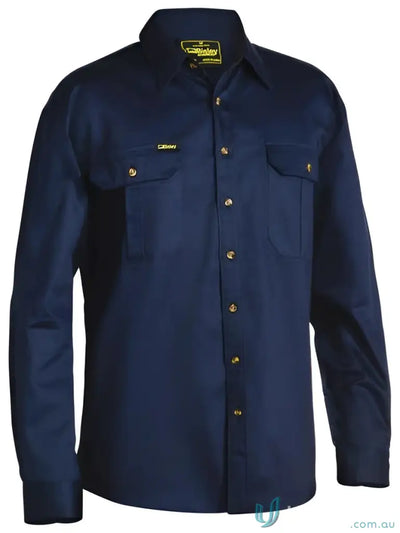 Dark blue original cotton drill LS shirt with gold buttons and chest pockets