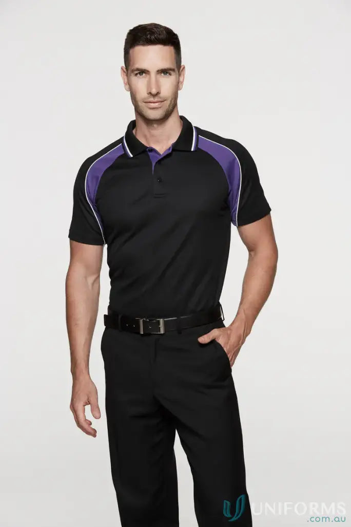 Black Panorama Polo shirt with purple white shoulder accents