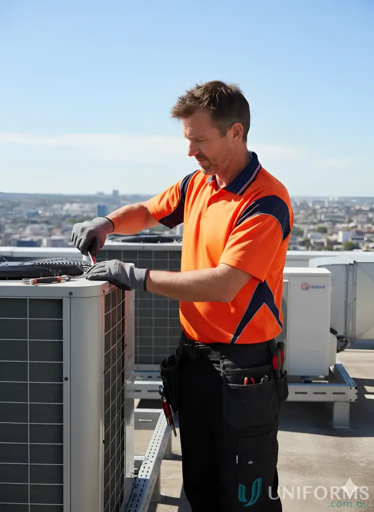 HVAC tech fixing rooftop AC with Paramount 3Print HiVis SS Polo, Syzmik Men’s Aztec Short Sleeve Polo