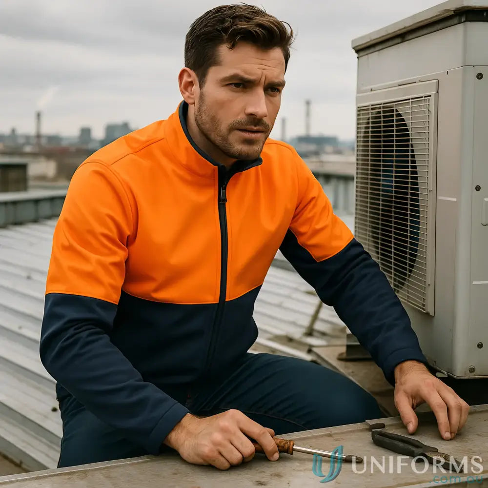 Men’s orange and navy blue color block soft shell jacket from Paramount HiVis Water Resist Collection