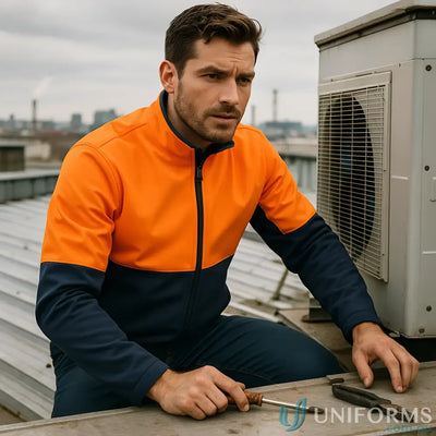 Men’s orange and navy blue color block soft shell jacket from Paramount HiVis Water Resist Collection
