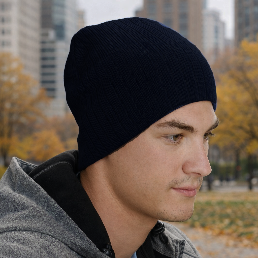 Arjo emb s26 beanie navy blue ribbed knit perfect for workwear and uniforms to keep you warm on the job
