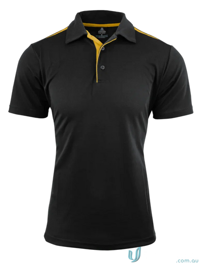 Paterson Polo black fabric polo shirt with yellow trim, great for uniforms and workwear