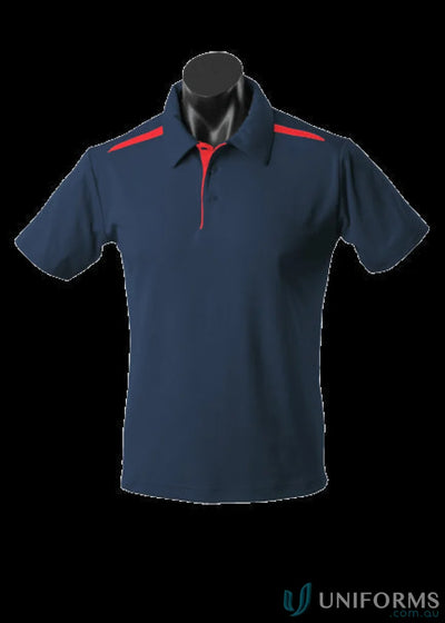 Navy Paterson Polo shirt with red accents, perfect for uniforms and workwear on fabric