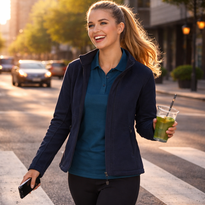 Navy blue ladies polar fleece jacket with collar and zipper over teal polo shirt ideal for workwear uniforms