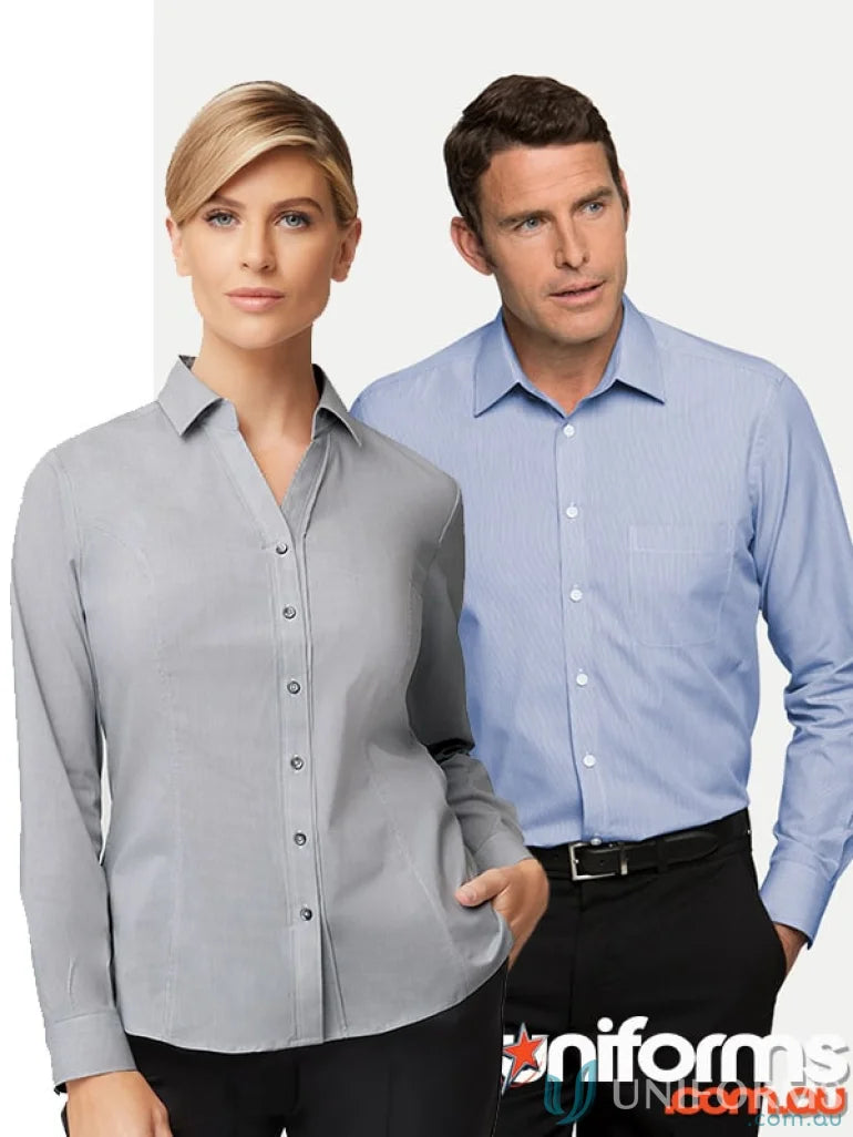 Two people wearing Pinfeather LS Shirt workwear for uniforms or work uniforms