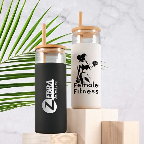 Two Pisa Glass Tumblers 480ml with bamboo lids and straws, stylish glass tumblers for any drink
