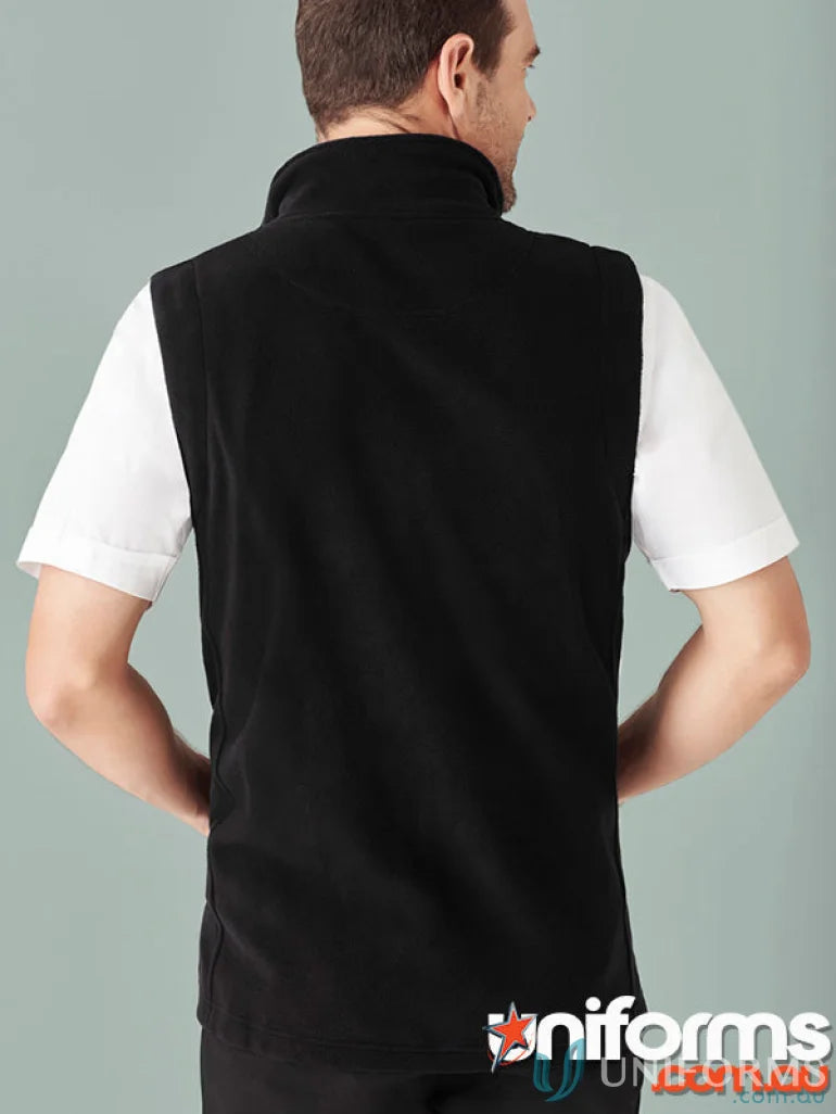 Black micro fleece vest over white shirt from Biz Collection Men’s fleece vest f633mn