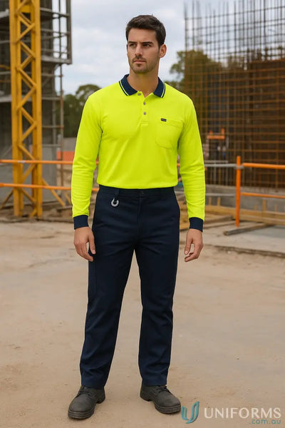 Bright yellow polo on plain utility pant with navy collar