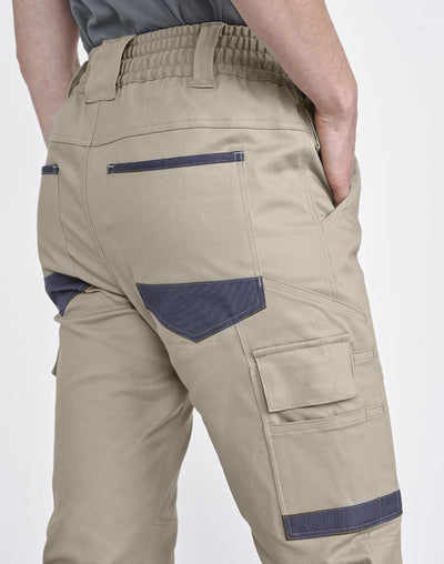 PLANETT unisex cotton stretch drill cuffed work pants in beige with navy accents