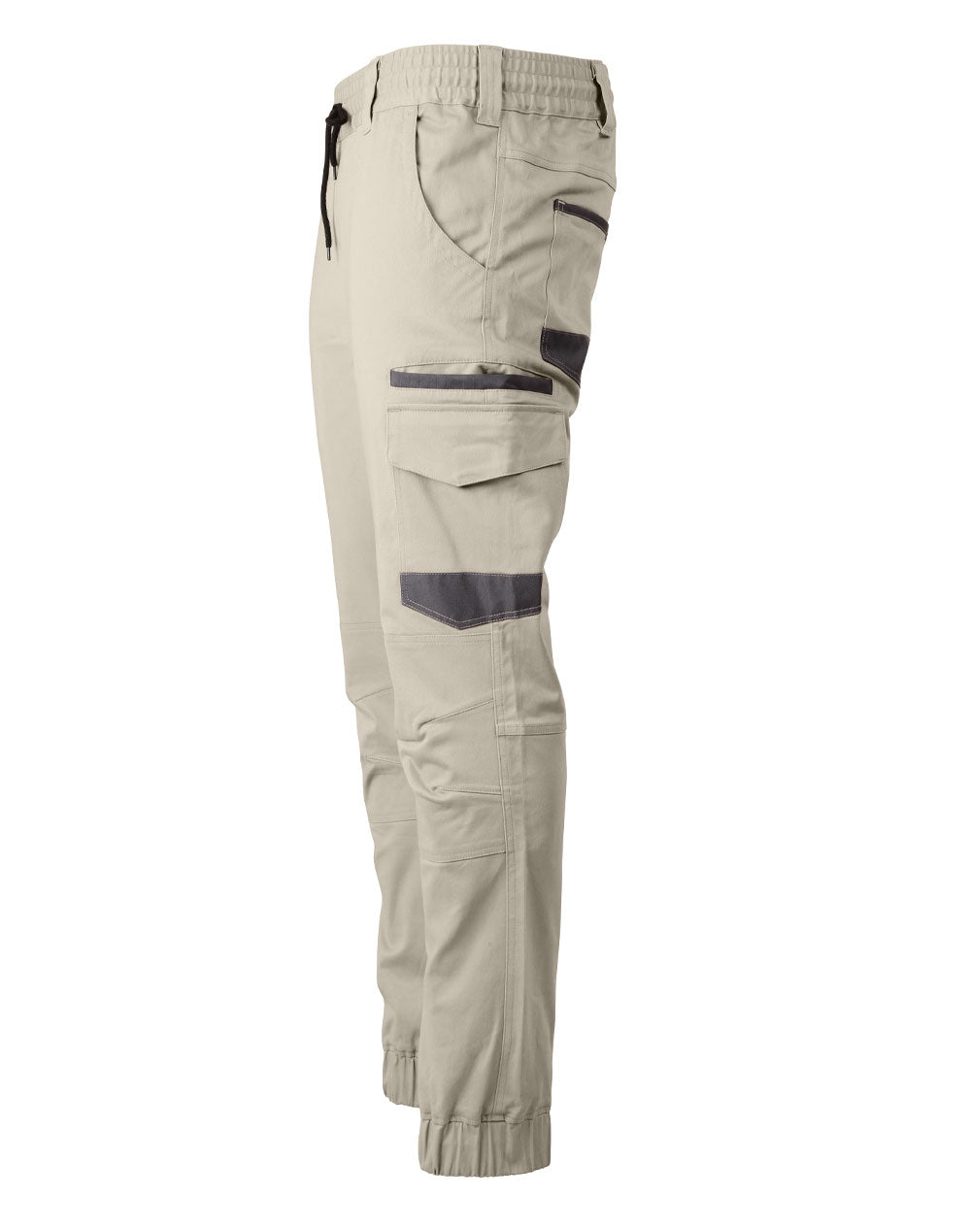 PLANETT unisex cotton stretch drill cuffed work pants in beige with gray accents