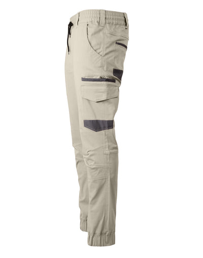 PLANETT unisex cotton stretch drill cuffed work pants in beige with gray accents