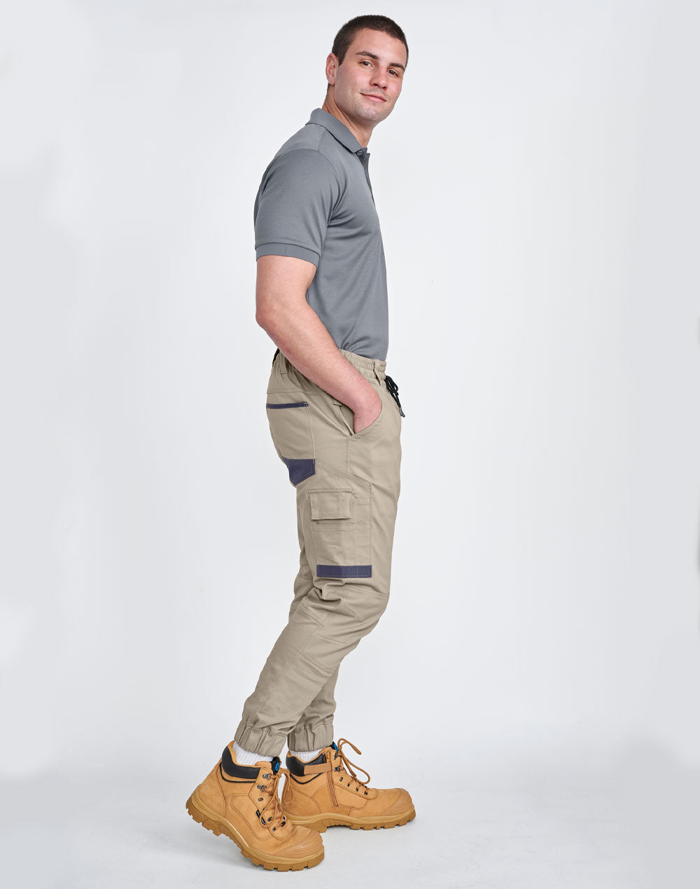 PLANETT unisex cotton stretch drill cuffed work pants in beige with navy accents