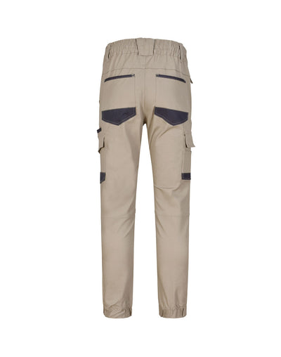 PLANETT unisex cotton stretch drill cuffed work pants in beige with navy accents